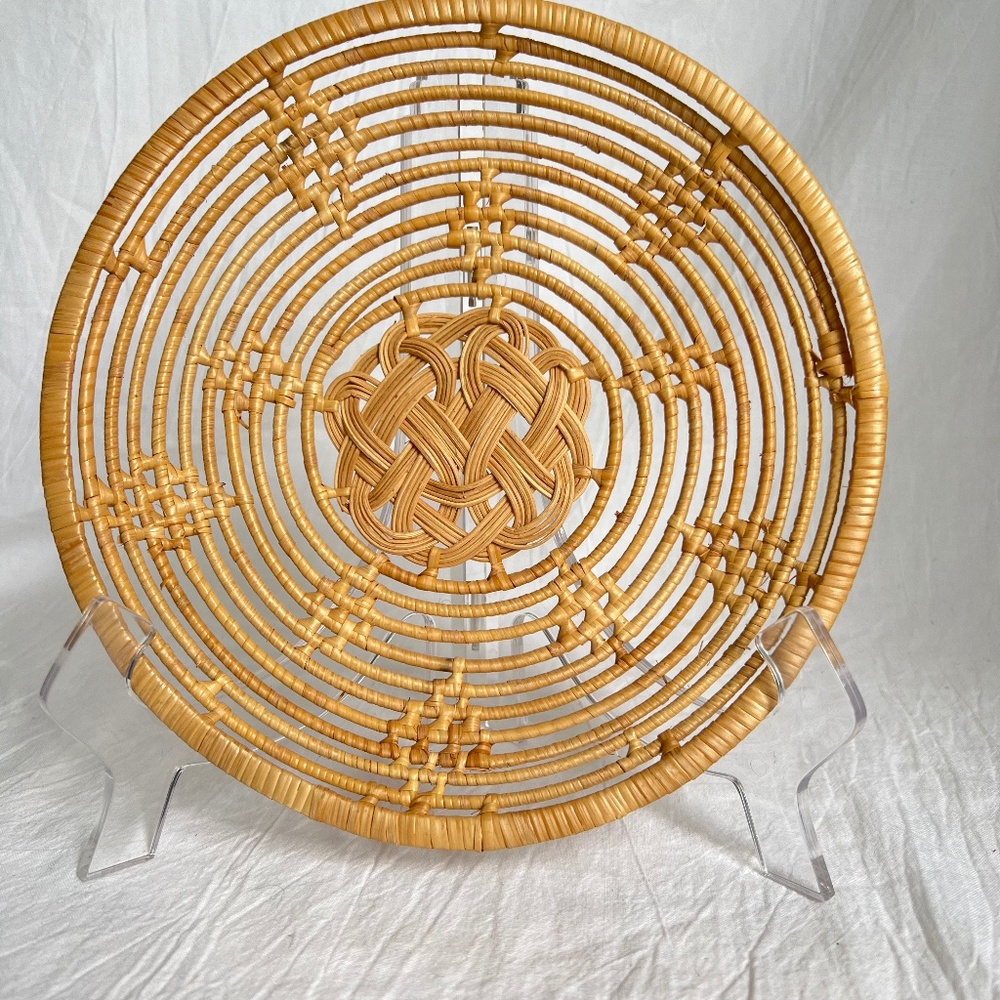 Vintage Handmade Rattan Woven Classic Pattern 8.25" Flat Basket EUC Asian Arts